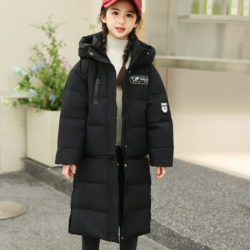 儿童羽绒服女童中长款2023新款中大童冬季白鸭绒拼色加厚休闲外套