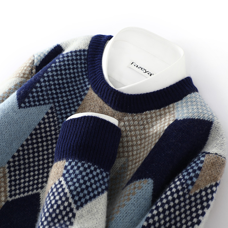 秋冬新款纯羊绒衫男士加厚拼色商务宽松休闲套头打底衫MMDC-647