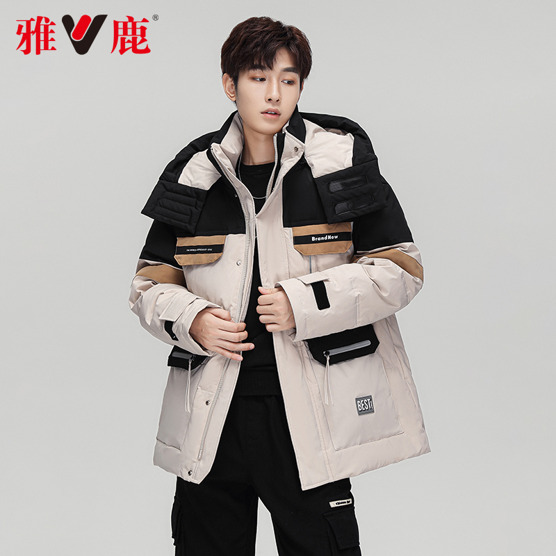 雅鹿潮牌男士羽绒服2023年冬季加厚连帽时尚休闲外套短款白鸭绒