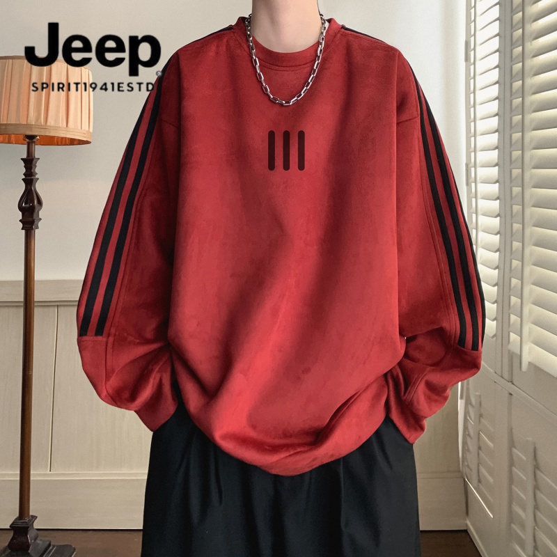 JEEP色条纹圆领卫衣男春秋美式潮牌重磅400g上衣仿麂皮绒中山外套