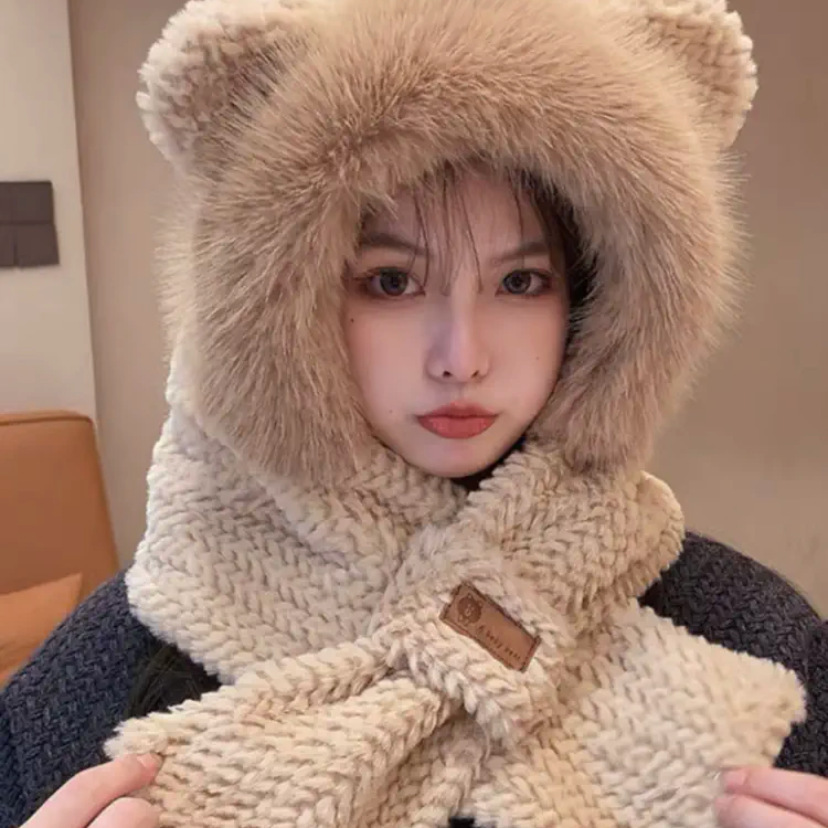 冬季新款女毛绒保暖帽子围巾一体防寒户外加厚保暖两件套绒帽冬天