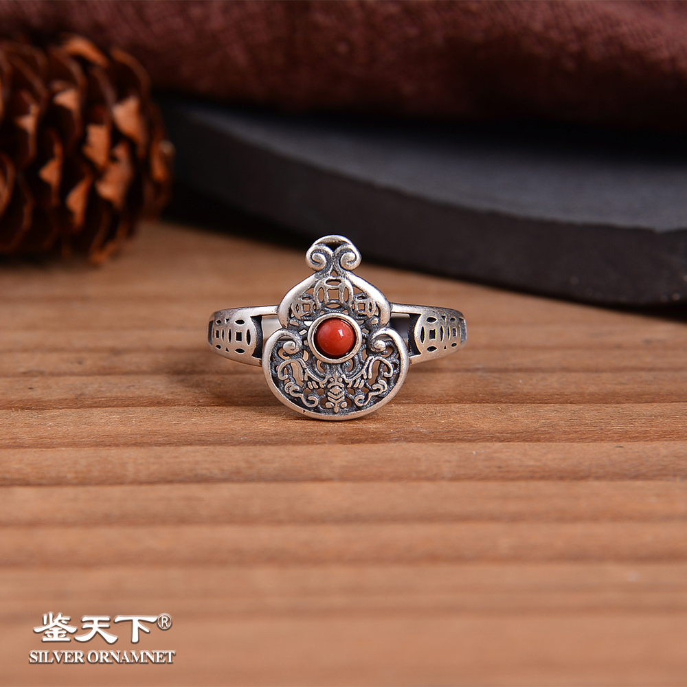 925银戒指 【鉴天下】镂空葫芦戒指   手工素款银制品08300014通用