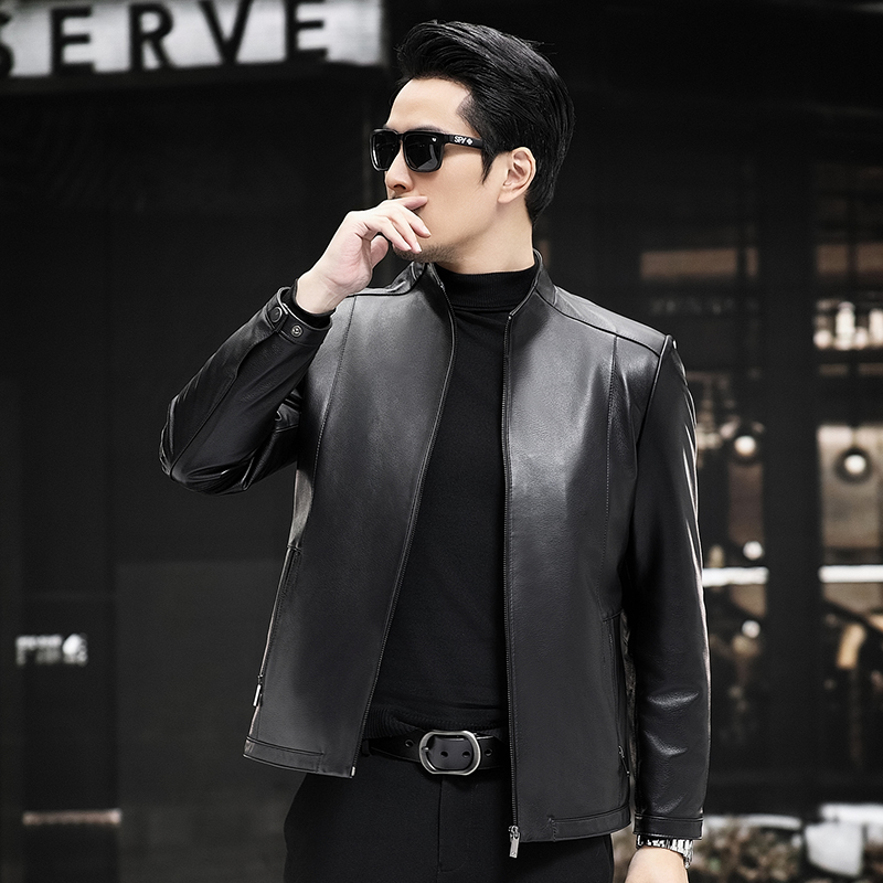 2352 MYM牛皮立领白鸭绒加厚拉链口袋海宁真皮皮衣男外套时尚修身