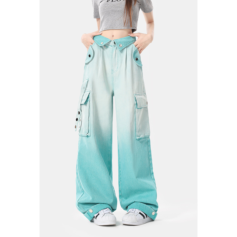 自然涩湖蓝色渐变工装加厚牛仔裤女春秋显瘦阔腿小个子高腰长裤子