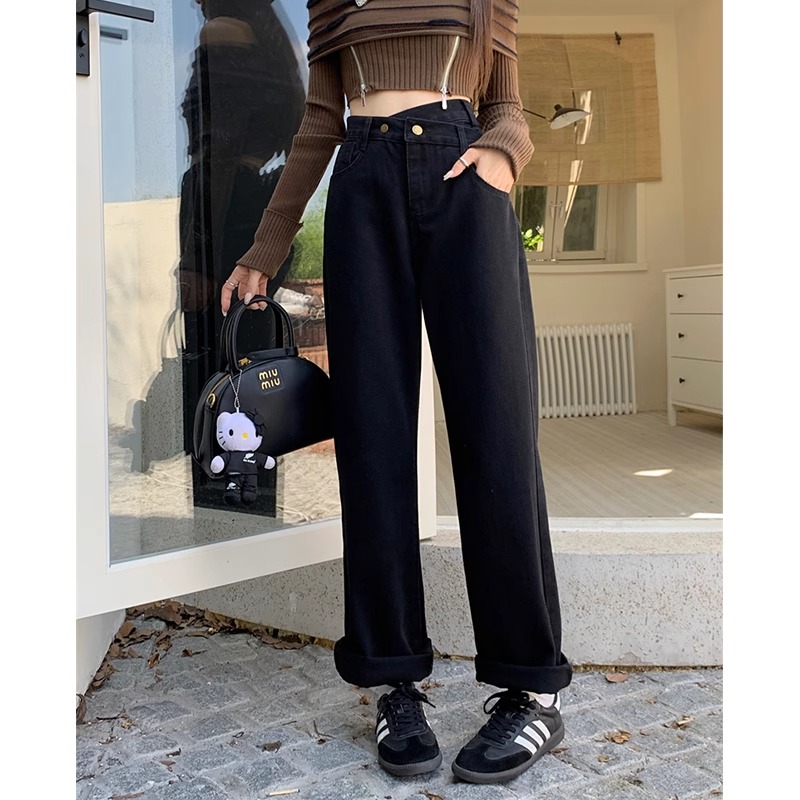 黑色直筒牛仔裤女秋冬季新款高腰大码胖妹妹mm梨形身材显瘦拖地裤