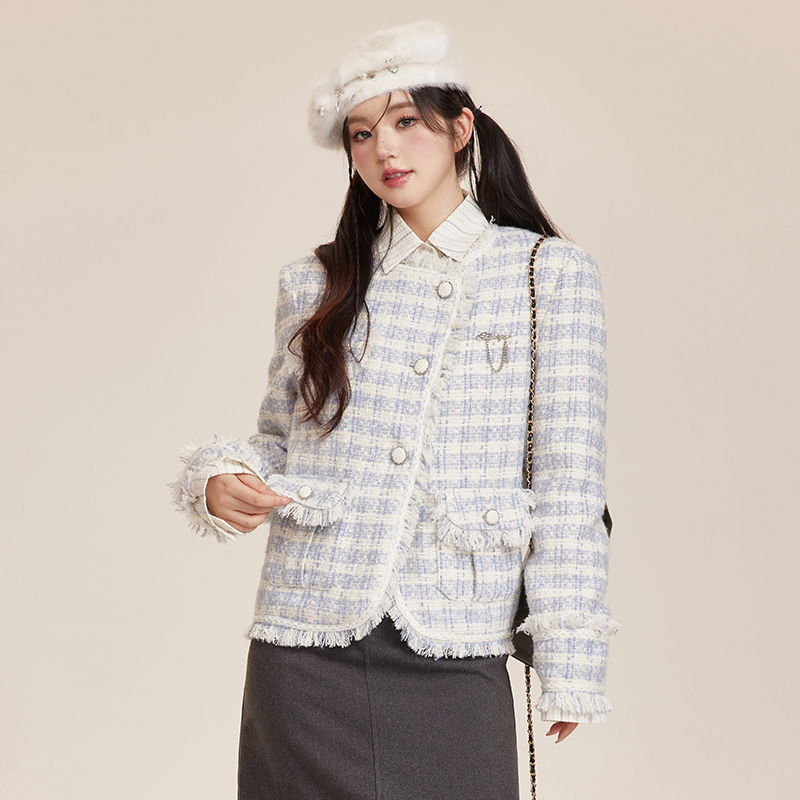 TNQT心碎创可贴 新品盐系重工设计感流苏夹克小香风格纹外套女潮