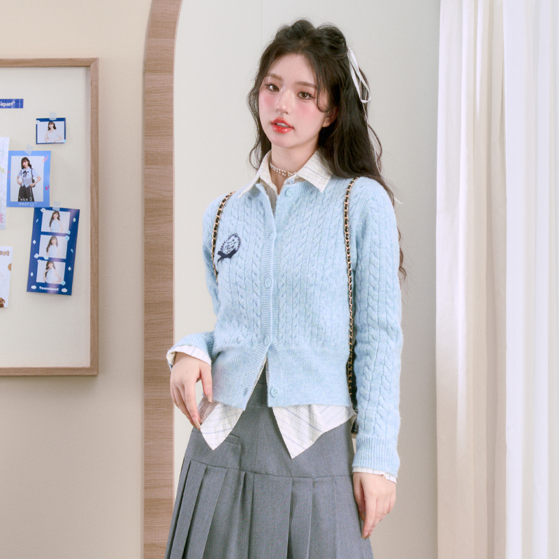 TNQT心碎创可贴 学院风麻花绞花针织圆领长袖纯色徽章开衫蓝色女