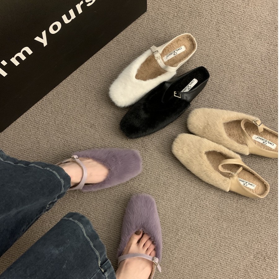 【真皮材质】法式毛毛鞋毛毛半拖鞋女冬外穿秋冬百搭加绒单鞋G358