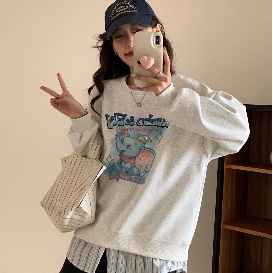 【宝藏衣橱】亮钻大耳朵字母印花拼接衬衣下摆假两件宽松休闲卫衣