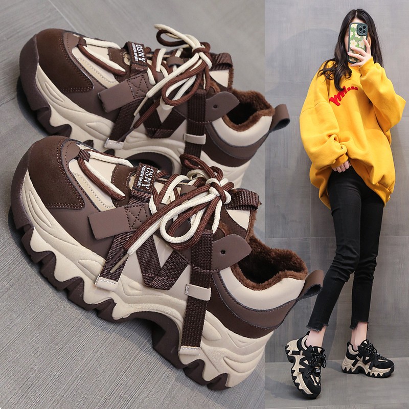 回力瑞运动鞋女款2023新款秋冬百搭老爹鞋韩版加绒単里增高休闲鞋