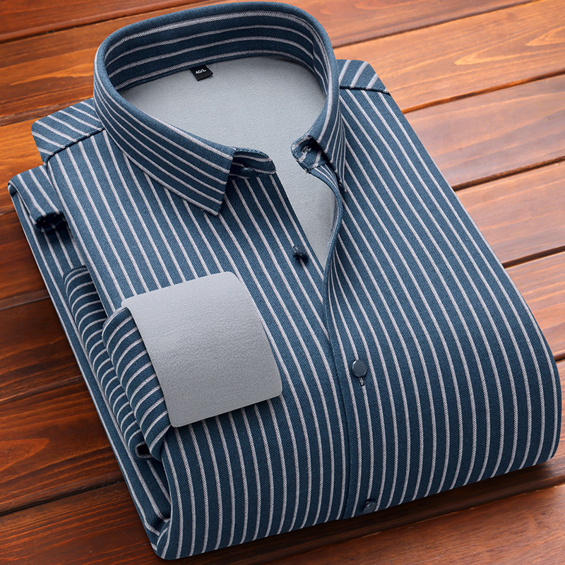 秋冬新款长袖加绒加厚衬衫男士无痕商务正装条纹衬衫弹力2023