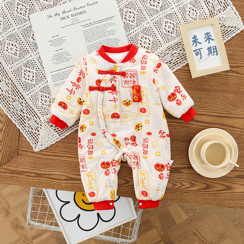 婴儿连体棉服冬季保暖哈衣喜庆秋冬满月拜年服平安喜乐薄棉哈衣