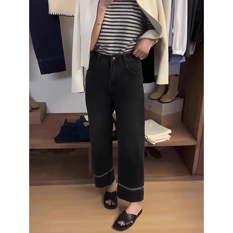 冬季新款梨形身材弹力设计感直筒牛仔裤女胖妹妹显瘦亲肤烟管裤子