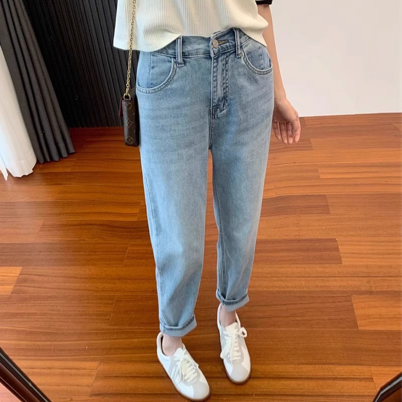 2023早秋款梨型身材超软弹力哈伦牛仔裤女胖mm显瘦复古九分萝卜裤