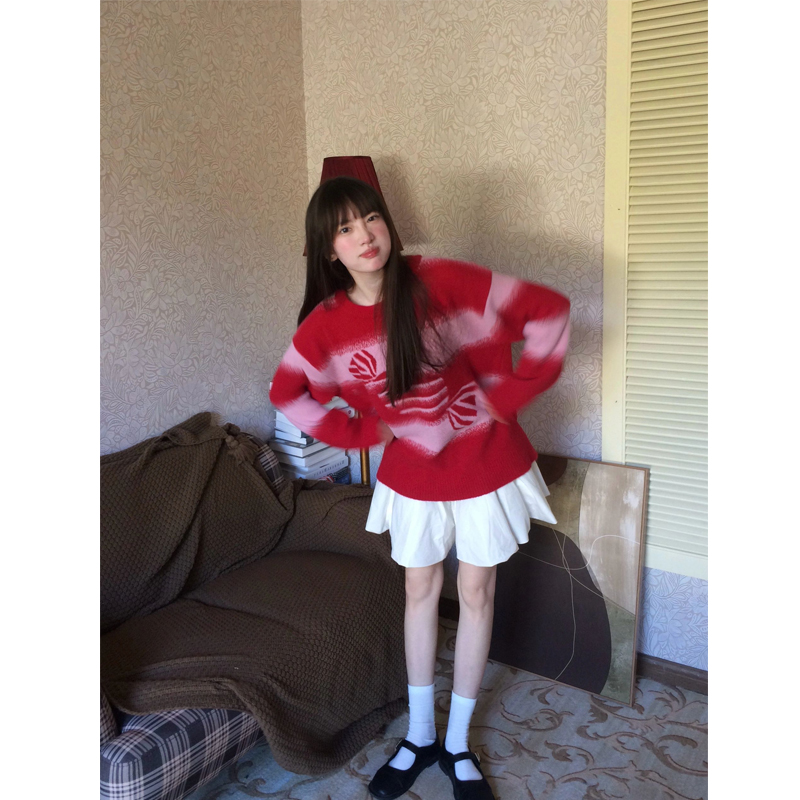 新年圣诞红色条纹糖果套头毛衣女秋冬宽松软糯慵懒风中长款针织衫