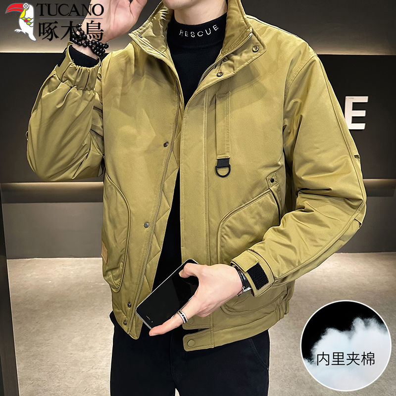 啄木鸟高档工装加棉男士外套中青年休闲宽松百搭帅气保暖棉衣外套