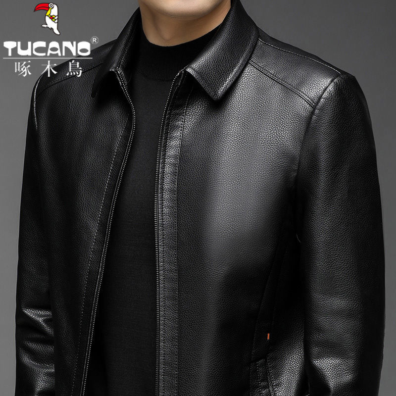 啄木鸟头l层l牛l皮l皮衣男士外套翻领商务爸爸装海l宁真l皮夹克