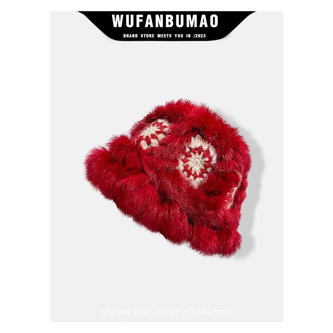 新年红色兔毛渔夫帽醒狮帽子女款冬季保暖毛绒绒护耳女士毛线帽子
