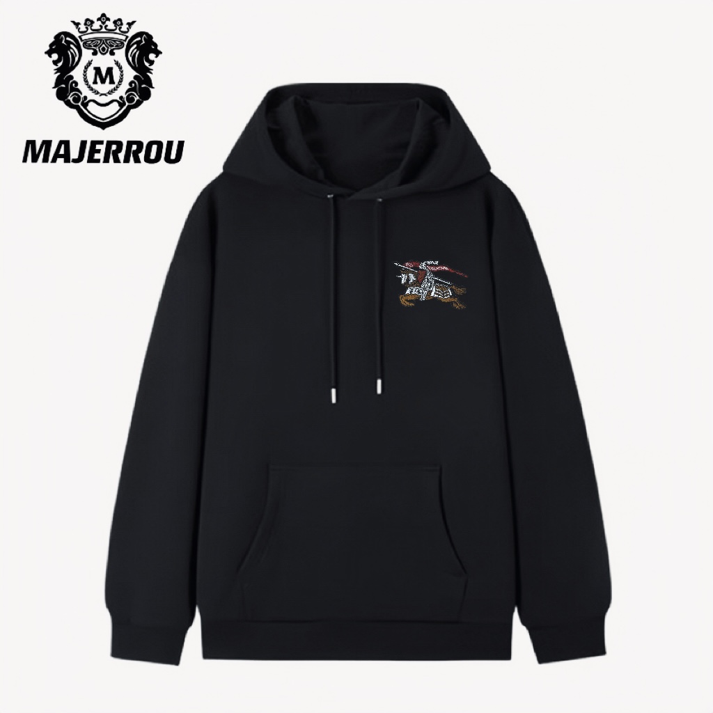 MAJERROU/玛基欧刺绣战马标连帽卫衣男轻奢秋冬加绒明星同款巴宝
