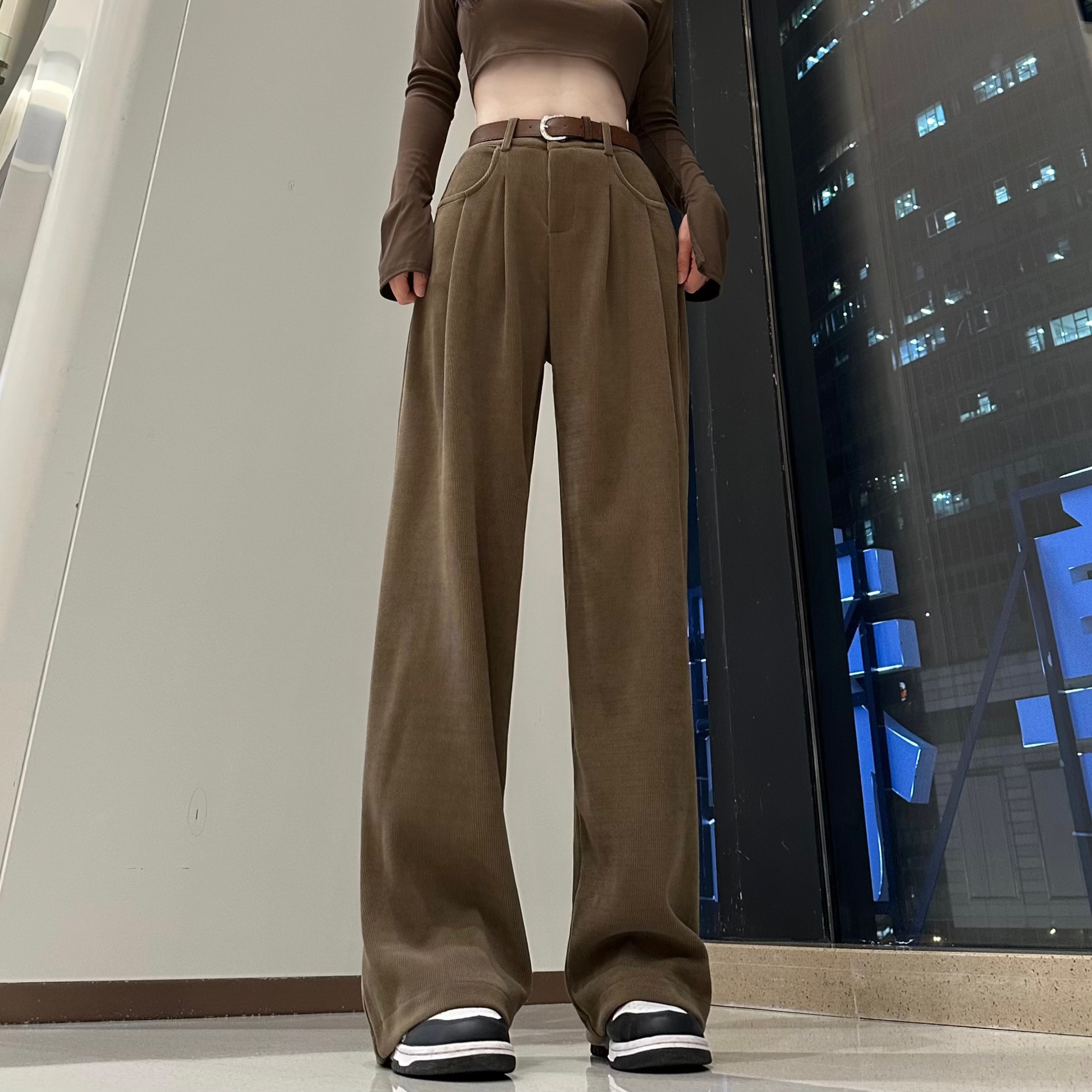 秋冬季新款加绒加厚阔腿裤女高腰宽松垂感直筒休闲拖地窄版裤子女