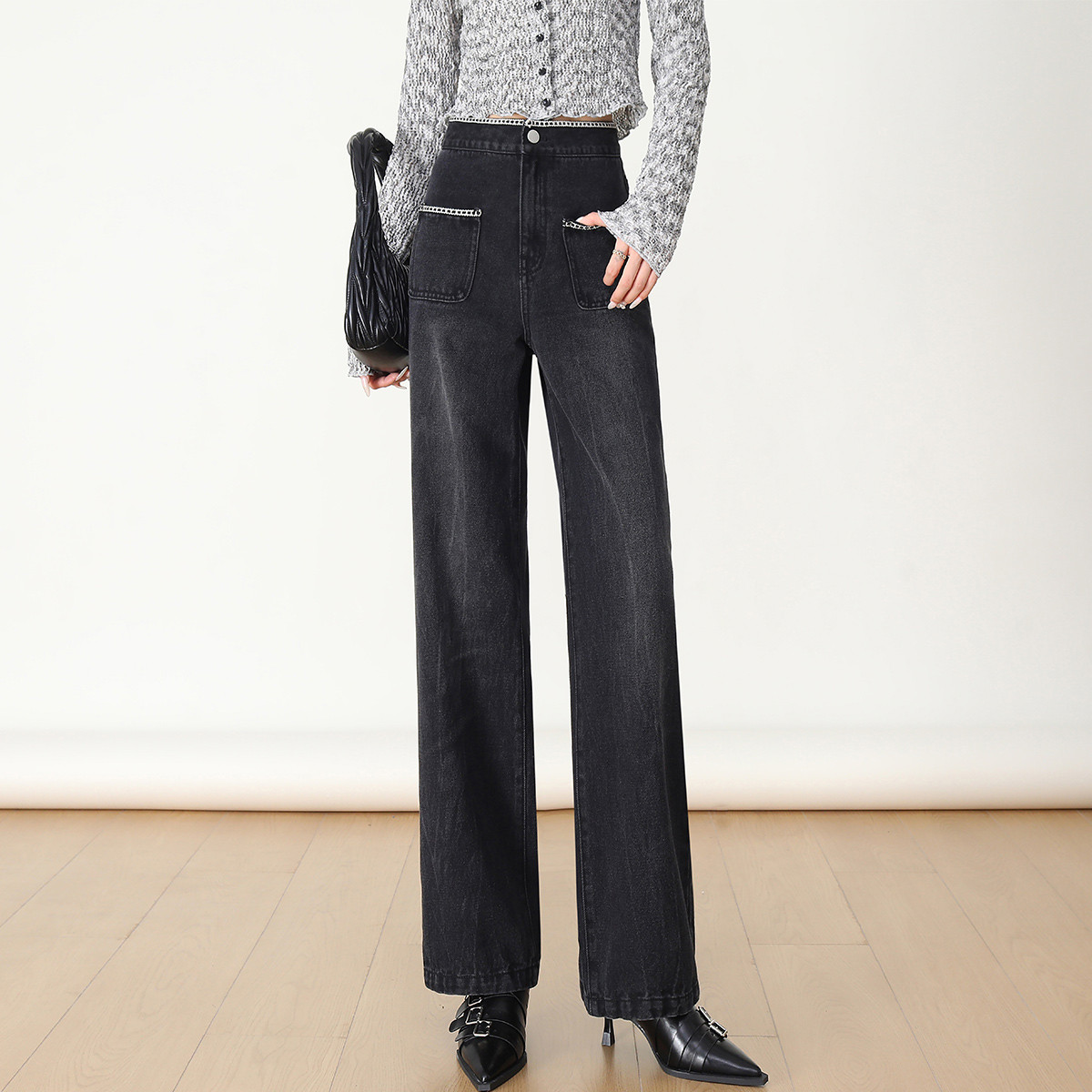 【李易行粉丝专属】白鹿语高腰复古水洗撞色花边直筒牛仔裤BL30068