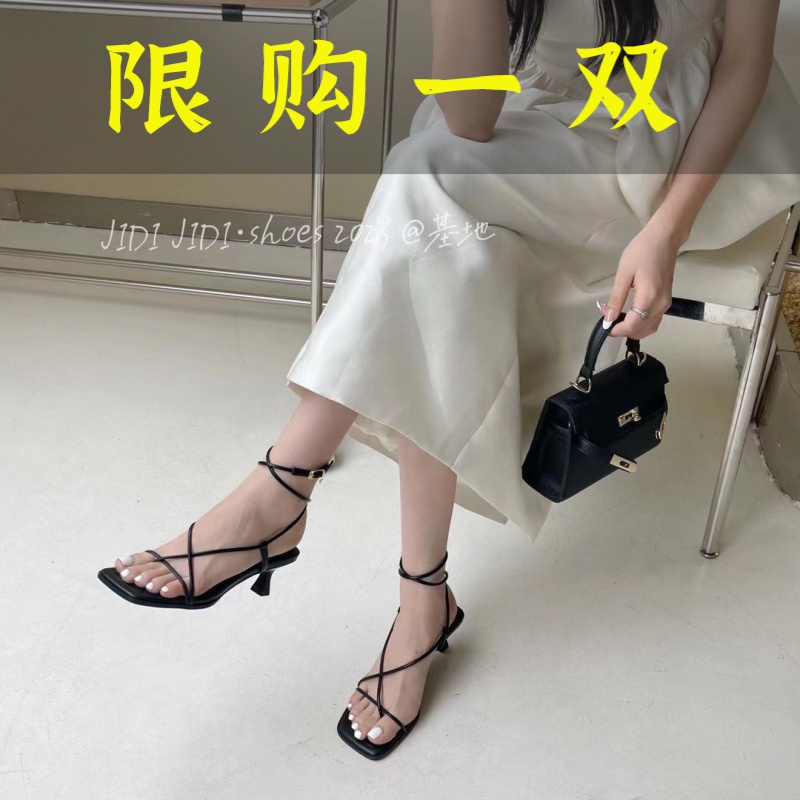 百丽纯爱高跟系带绑带鞋仙女夏季法式小众低跟黑色凉鞋5501(系