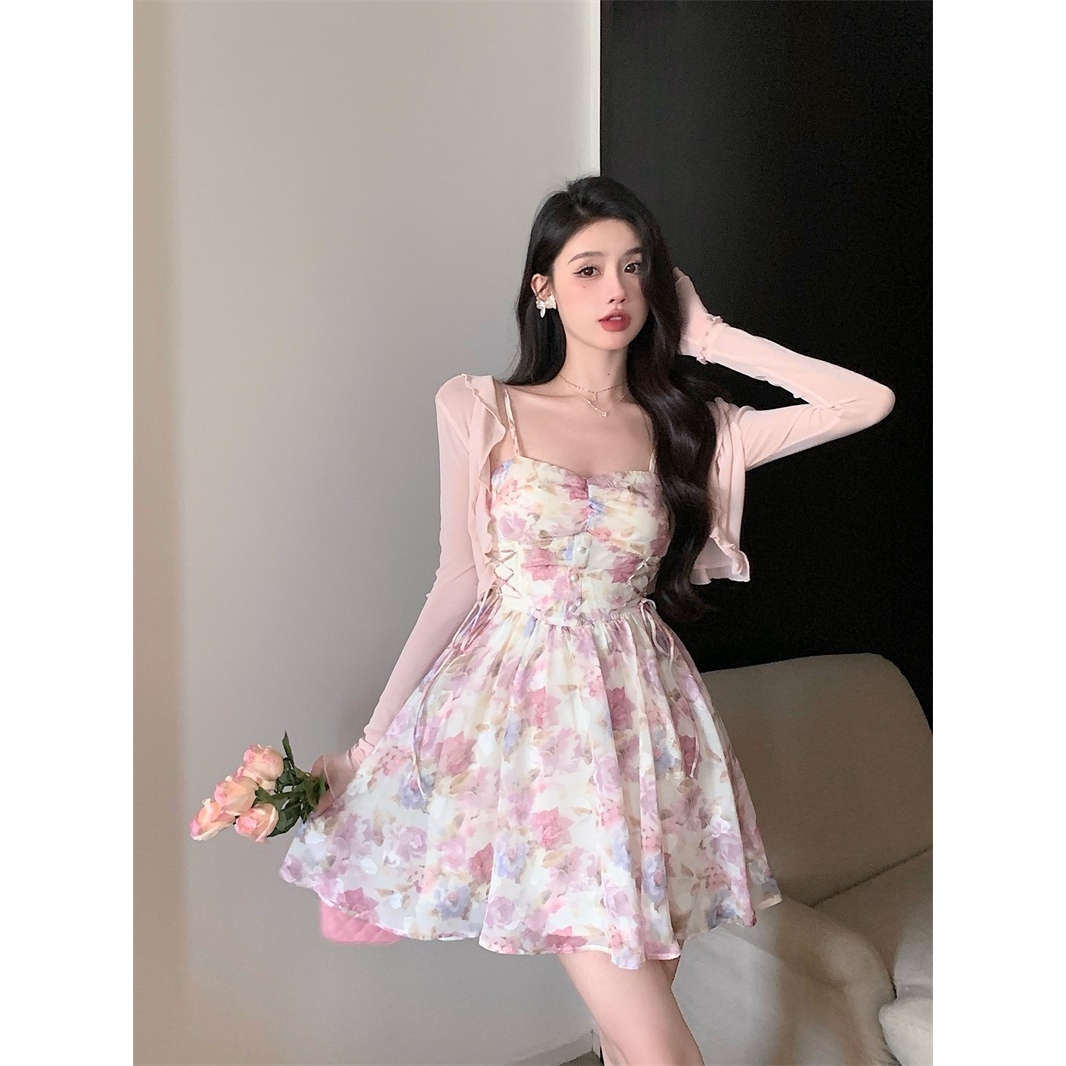 大码夏季微胖减龄粉色吊带碎花收腰显瘦连衣裙女胖MM法式桔梗