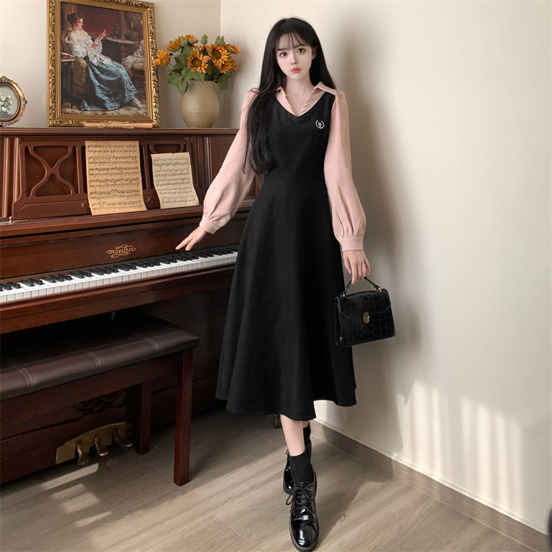 大码胖mm2023秋季女裙子学院风假两件气质连衣裙高腰显瘦a字长裙