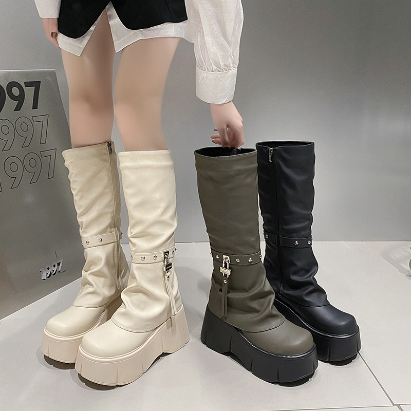 厚底增高加绒裤管长靴女2023秋冬新款小个子时尚不过膝高筒骑士靴