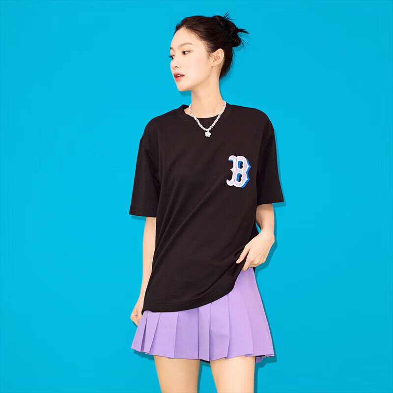 MLB美职棒（MLB）t恤男女 23款 黑色老花纯棉透气潮流圆领情侣短袖