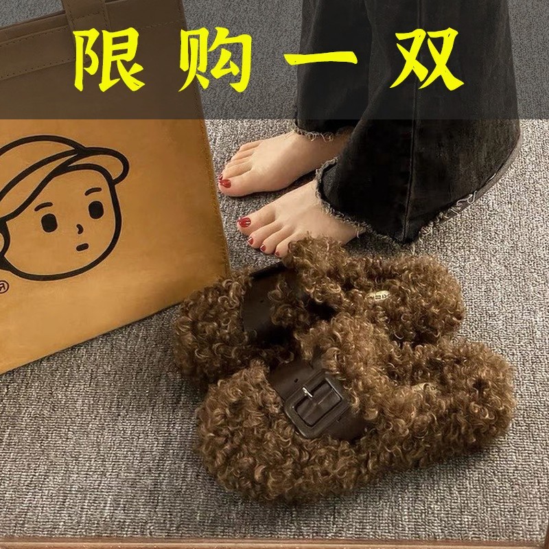 百丽纯爱高级感羊卷毛毛鞋女外穿2023年秋冬季新款网红百搭小众