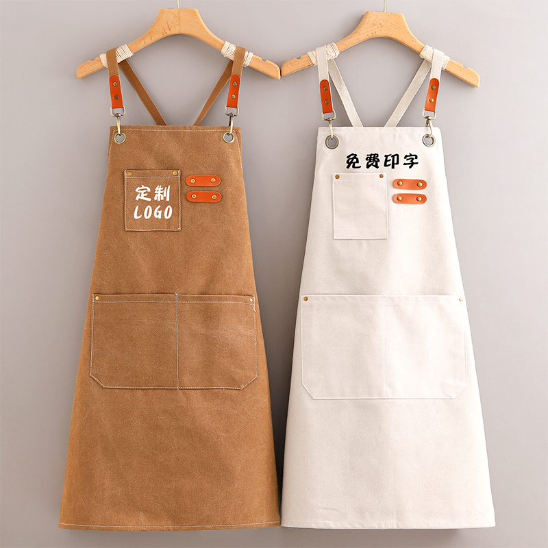 韩版加厚帆布围裙定制logo印字家用厨房奶茶美甲防污工作服女围腰