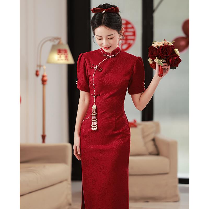 红色旗袍女2023新款订婚礼服裙结婚新娘敬酒服回门连衣裙夏新中式