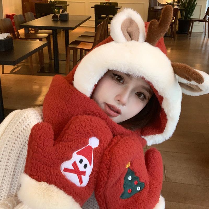 FAVMARTHA 耶诞鹿角帽子冬天冬季围巾一体手套围脖连帽女可爱保暖