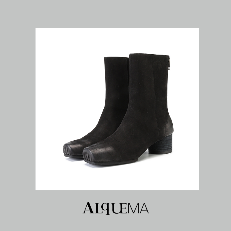 佩佩推荐秋冬新款粗高跟百搭短靴子方头瘦靴经典气质牛皮女靴B647