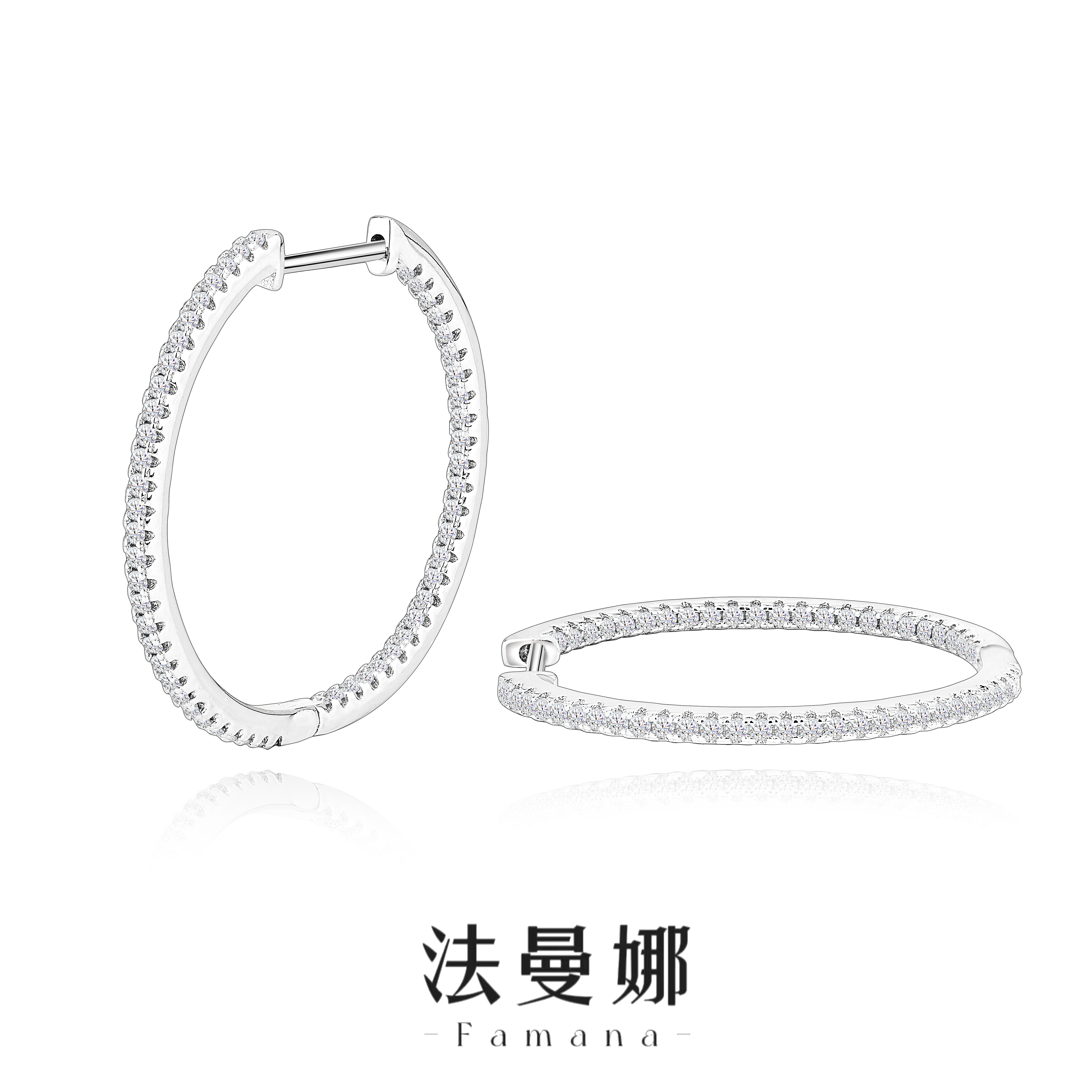 Famana/法曼娜 925银莫桑石耳饰 欧美简约大气满钻耳圈耳环