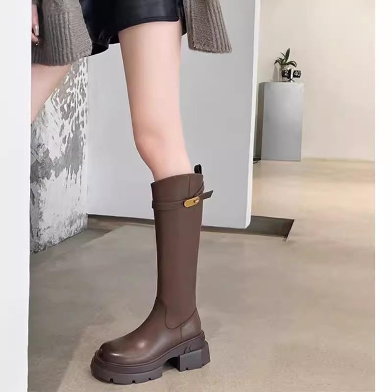 显瘦小心机~大叔家厚底棕色长靴女2023新款秋冬小个子高筒骑士靴