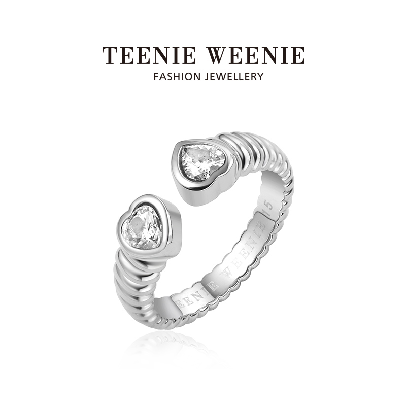 Teenie Weenie 钛钢合成锆石戒指 明星同款贝壳纹爱心环抱开口戒