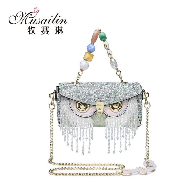 【牧赛琳】猫头鹰原创重工手提碎钻梯形单肩包FC-6107/翠绿欲滴轻奢
