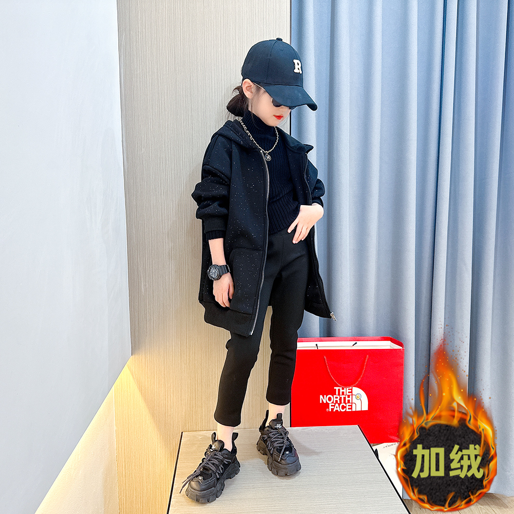 女童加绒外套秋冬新款洋气儿童网红满天星连帽上衣大童加厚时髦衣