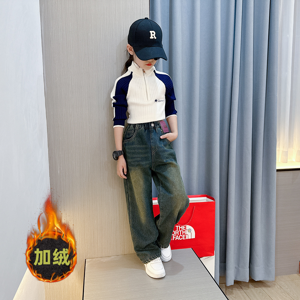 女童秋冬拼色毛衣2023新款儿童洋气时髦针织衫女孩休闲保暖上衣潮