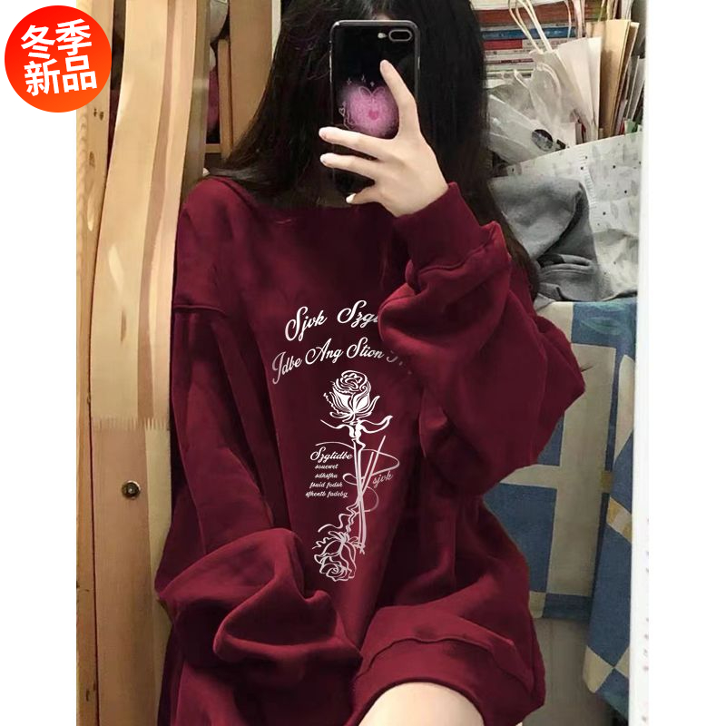 港风酒红色加绒卫衣女长袖圆领小众设计感秋冬新款套头衫薄款上衣