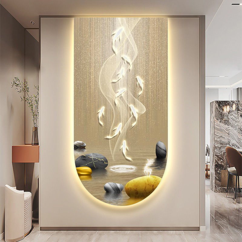 现代轻奢玄关装饰画九鱼图led灯画发光创意简约走廊过道挂画晶瓷