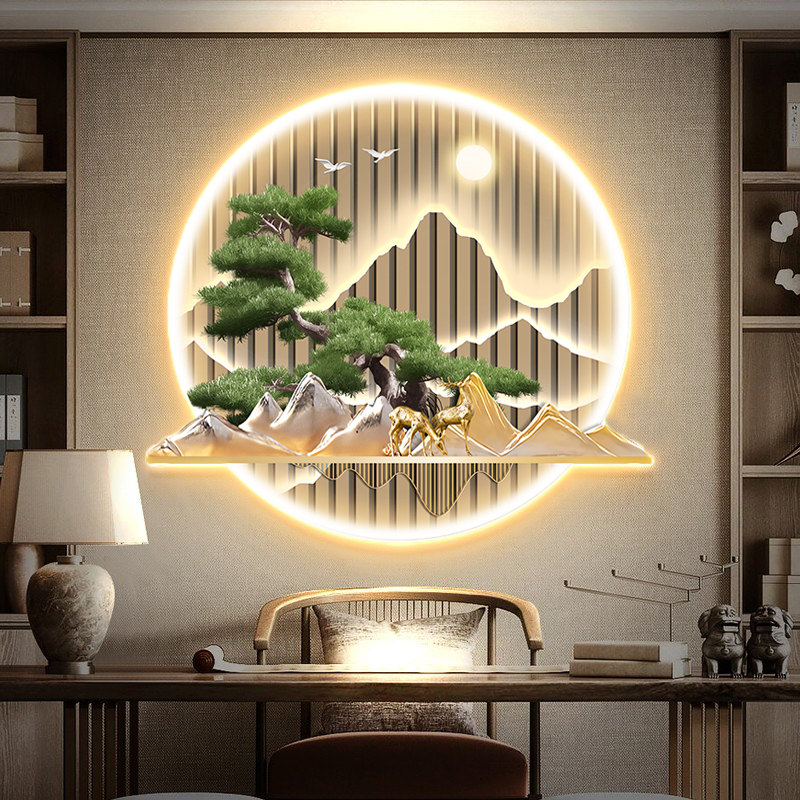 入户玄关装饰画新中式山水迎客松走廊发光壁画轻奢鹿带LED灯挂画
