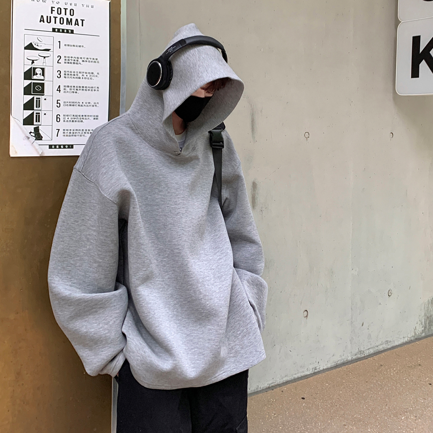 灰色重磅下摆不收口卫衣男款秋季硬挺连帽衫美式cleanfit外套高街