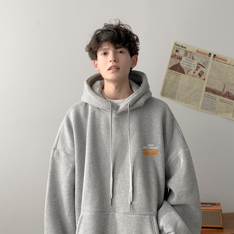 灰色重磅连帽卫衣男款春秋美式复古潮牌套头帽衫痞帅休闲宽松外套