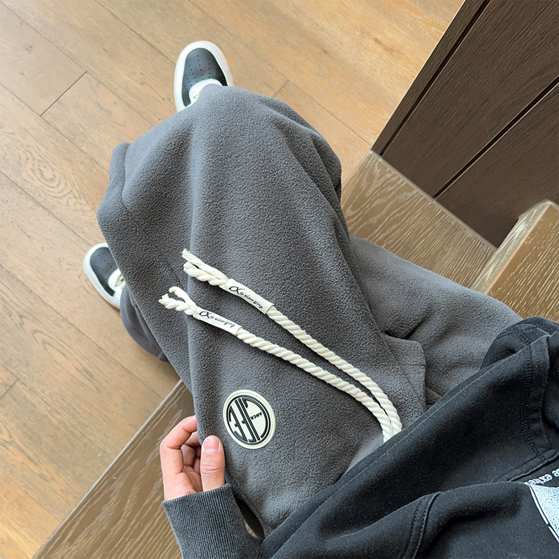 灰色奥利绒休闲裤子男款冬季美式重磅运动卫裤加绒加厚直筒阔腿裤