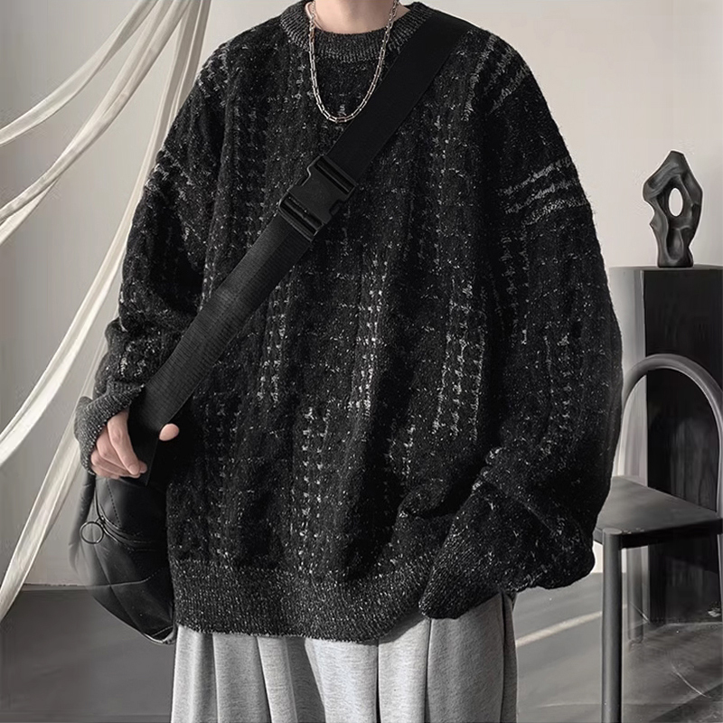 黑色毛衣男生冬季美式复古潮流设计感小众慵懒风宽松针织衫毛线衣