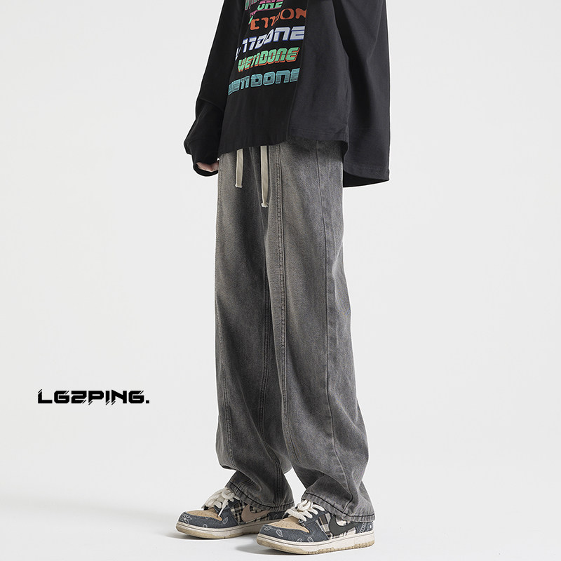 秋冬男女同款复古牛仔裤松紧腰抽绳橡筋裤直筒宽松百搭水洗长裤测