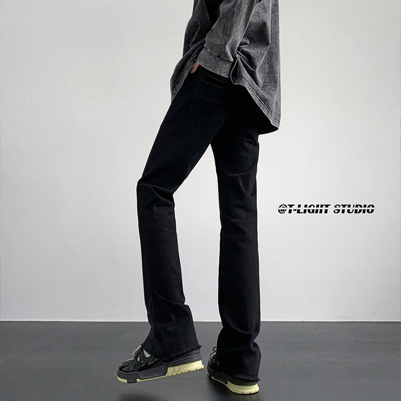 黑色修身小脚牛仔裤男款弹力毛边微喇裤子vibe高街美式窄版直筒裤